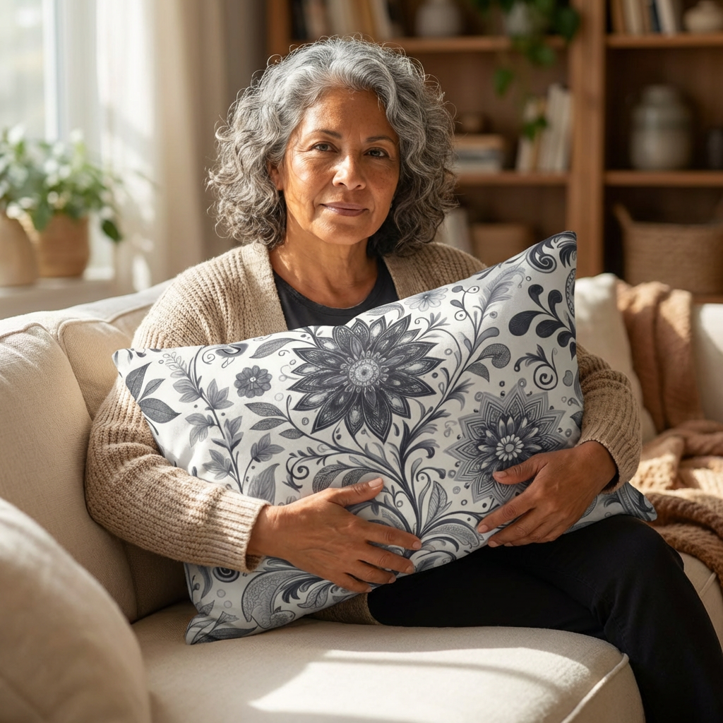 Floral Scroll Lumbar Pillow — Black & White Decorative Accent