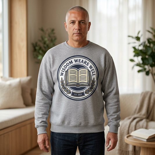 Wisdom Wears Well Sweatshirt — Vintage Book Emblem Crewneck