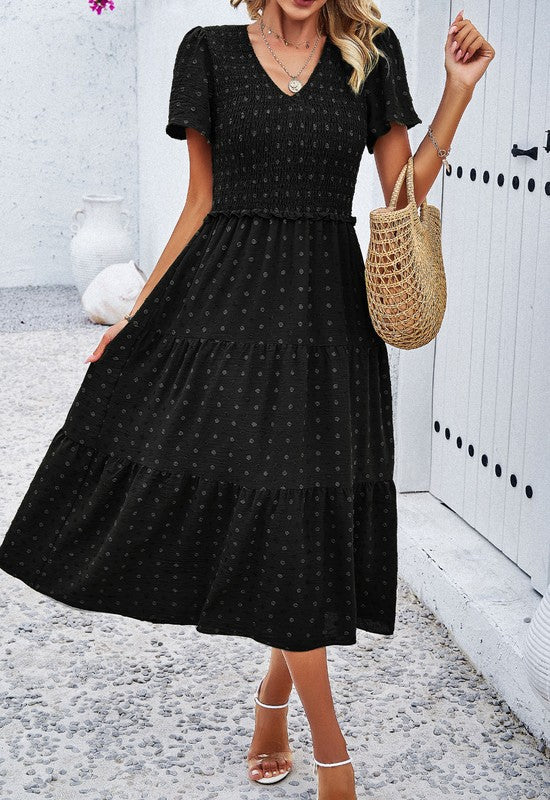 Dotted Smocked Midi Dress