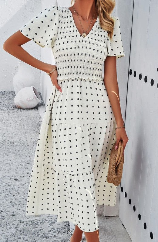 Dotted Smocked Midi Dress