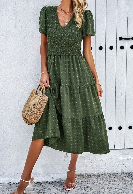 Dotted Smocked Midi Dress