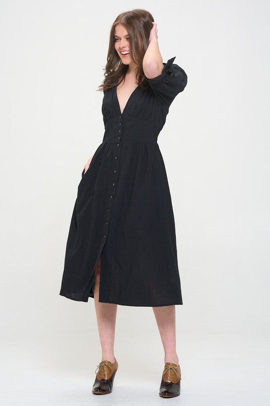 Plus 3/4 Puff Sleeve V-Neck Button Down Midi Dress