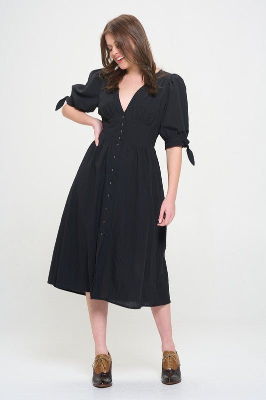 Plus 3/4 Puff Sleeve V-Neck Button Down Midi Dress