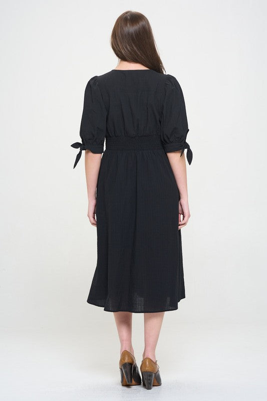 Plus 3/4 Puff Sleeve V-Neck Button Down Midi Dress