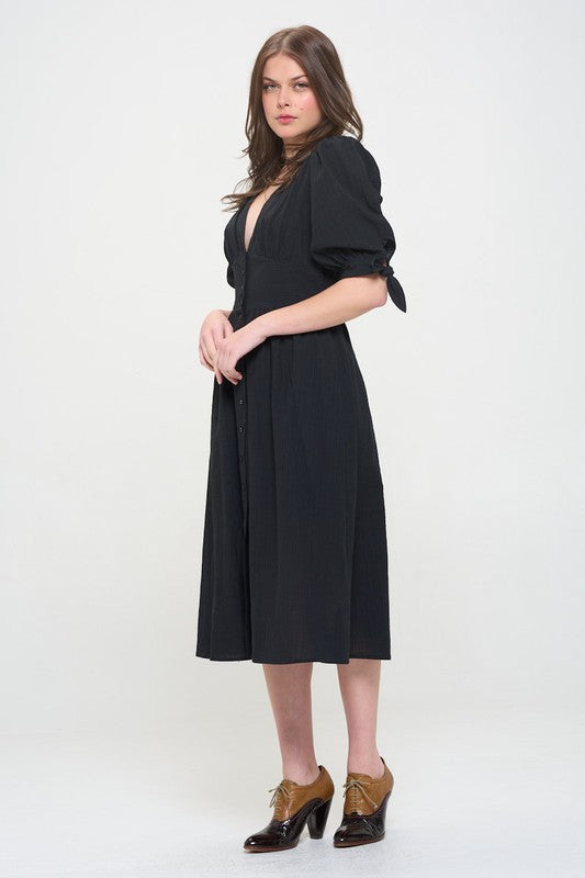 Plus 3/4 Puff Sleeve V-Neck Button Down Midi Dress