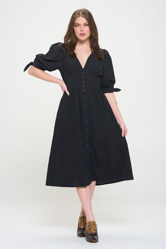 Plus 3/4 Puff Sleeve V-Neck Button Down Midi Dress