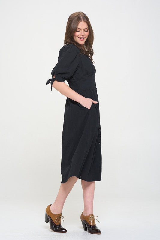 Plus 3/4 Puff Sleeve V-Neck Button Down Midi Dress