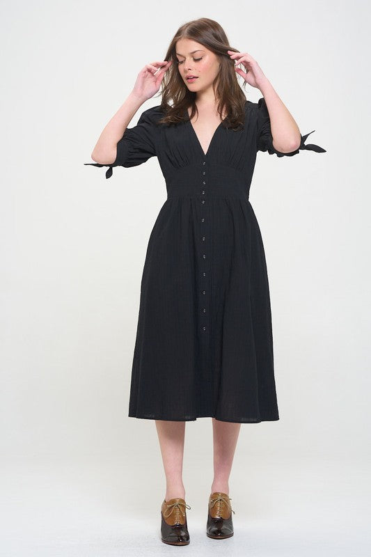 Plus 3/4 Puff Sleeve V-Neck Button Down Midi Dress