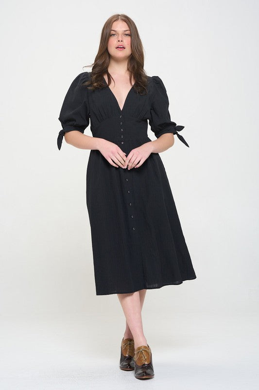 Plus 3/4 Puff Sleeve V-Neck Button Down Midi Dress
