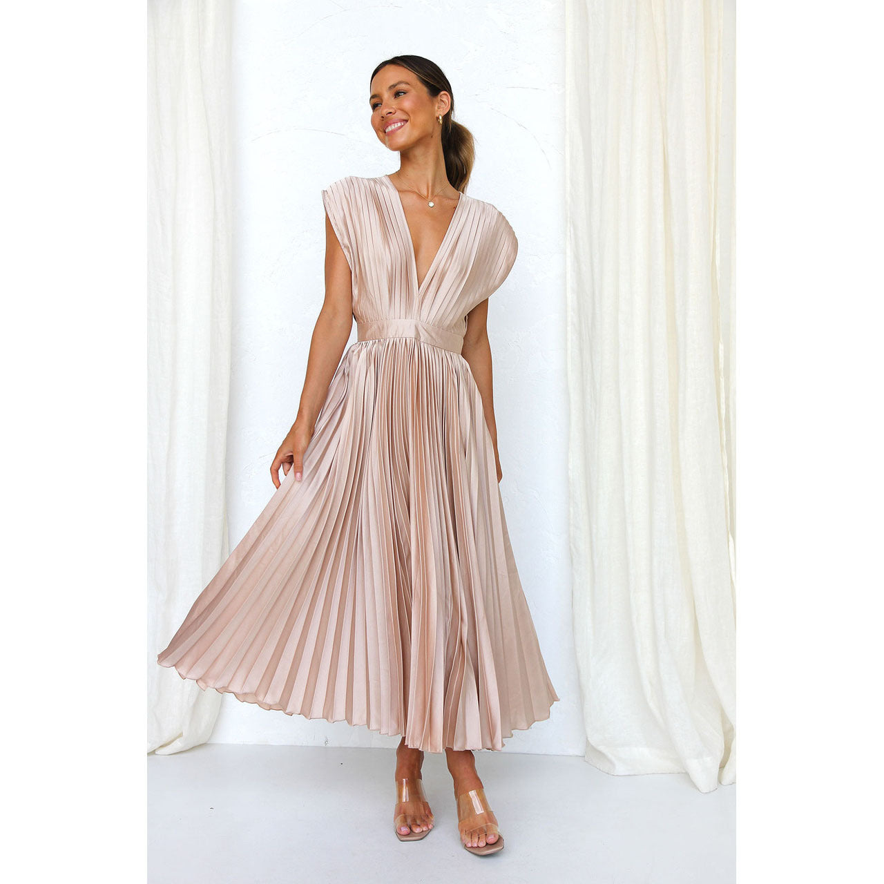 Elegant Pleated Casual Loose Zip Sleeveless Dress