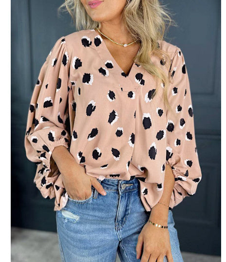 Khaki Classic Leopard V Neck Bracelet Sleeve Blouse