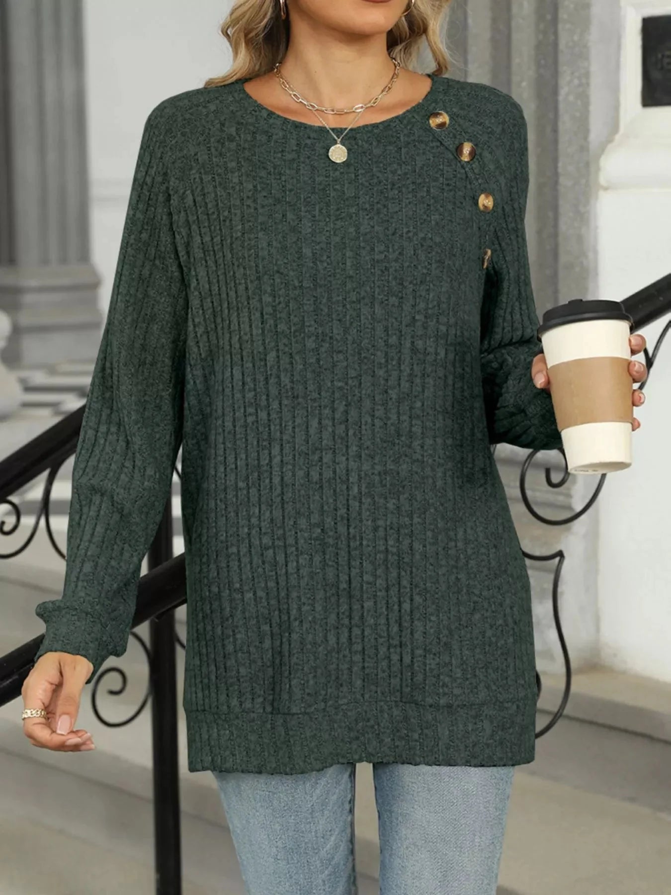 Cozy Chic Ribbed Button Detail Long Sleeve Tunic