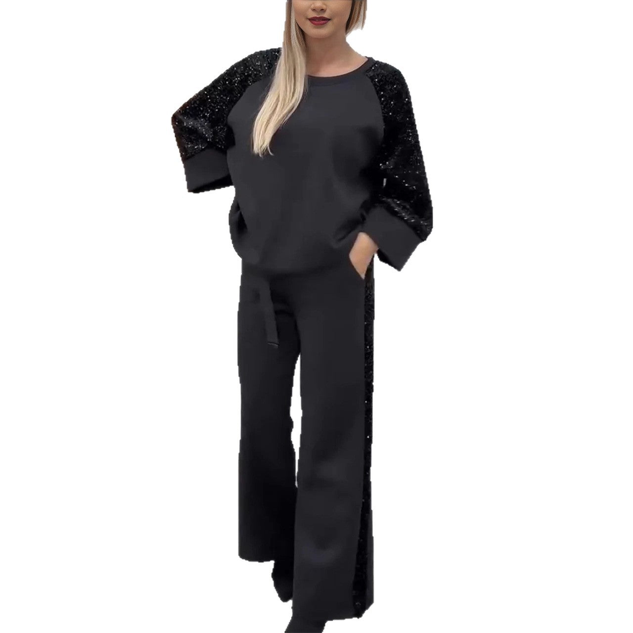 Sequined Patchwork Long-Sleeve Crew-Neck Sweatshirt And Sweatpants Set