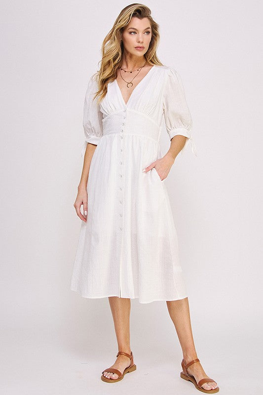 Plus 3/4 Puff Sleeve V-Neck Button Down Midi Dress