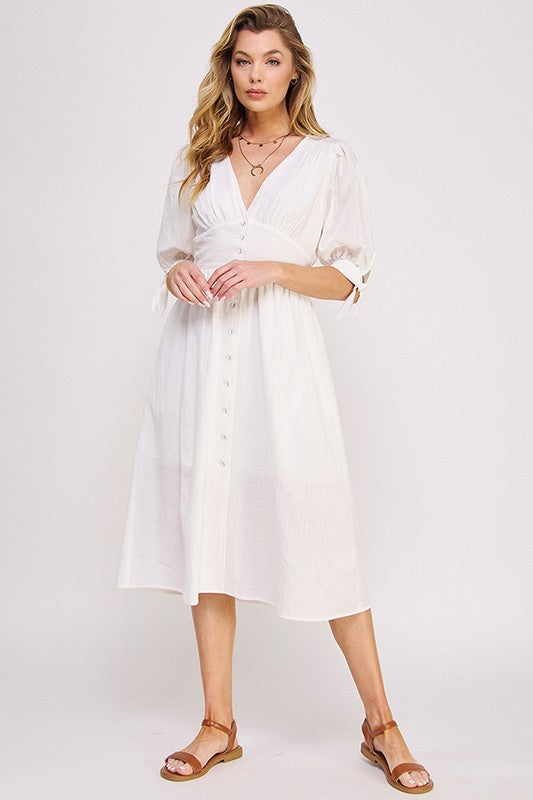Plus 3/4 Puff Sleeve V-Neck Button Down Midi Dress