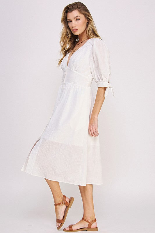 Plus 3/4 Puff Sleeve V-Neck Button Down Midi Dress