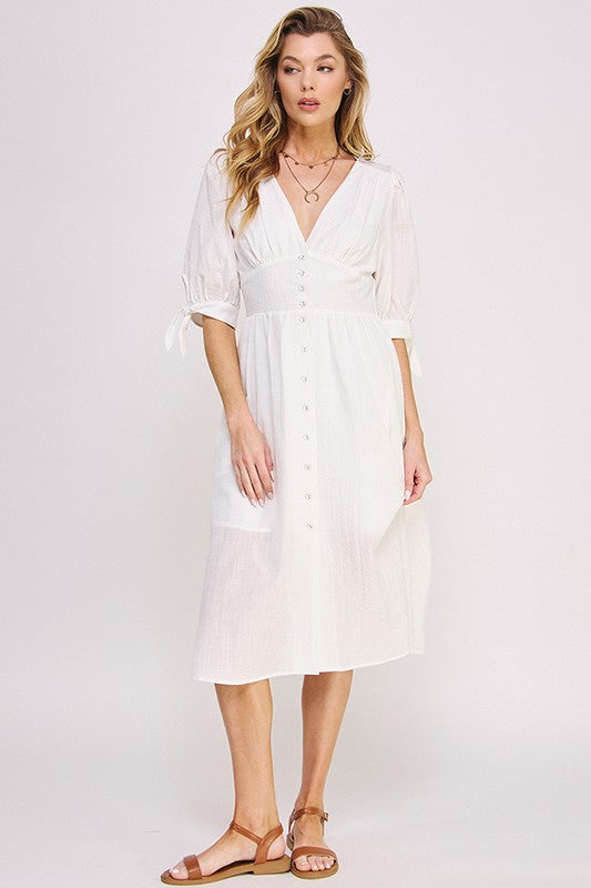 Plus 3/4 Puff Sleeve V-Neck Button Down Midi Dress