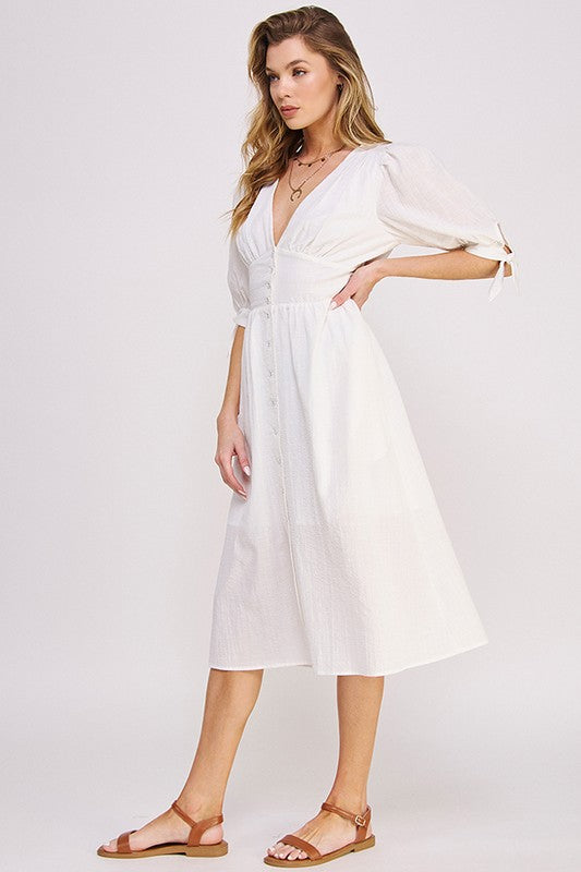 Plus 3/4 Puff Sleeve V-Neck Button Down Midi Dress