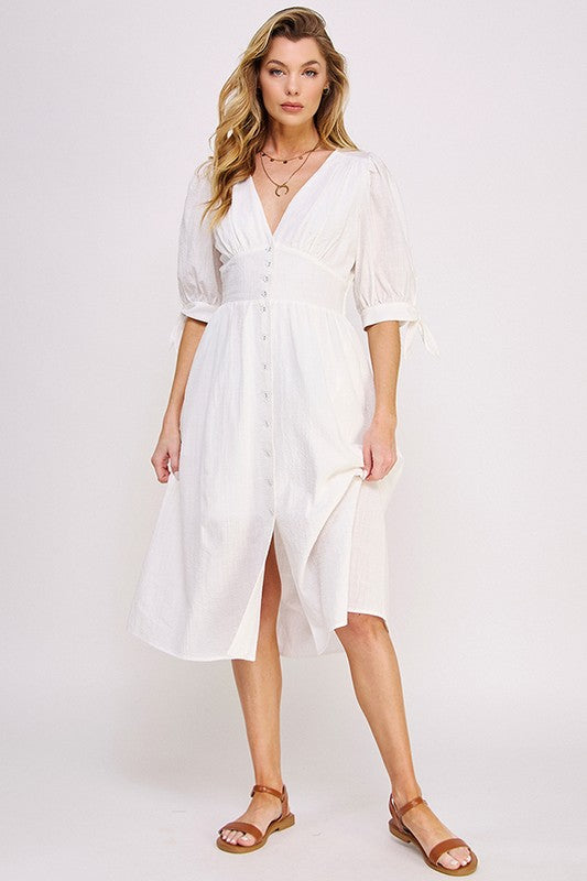 Plus 3/4 Puff Sleeve V-Neck Button Down Midi Dress
