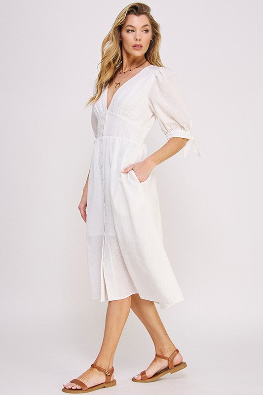 Plus 3/4 Puff Sleeve V-Neck Button Down Midi Dress