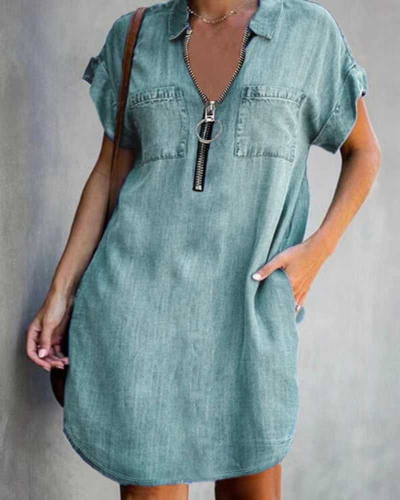 European And American Lapel Short Sleeve Loose Dress Denim Shirt