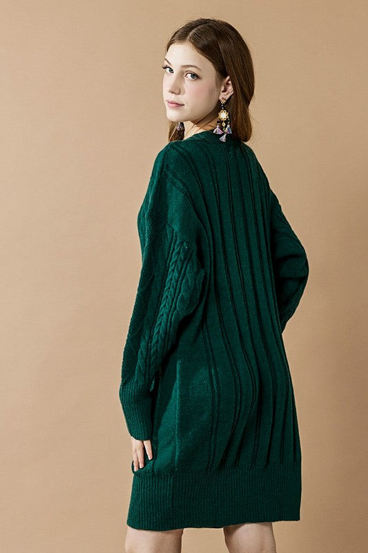 V-Neck Ribbed Hem Cable Knit Sweater Dress