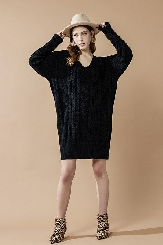 Plus V-Neck Ribbed Hem Cable Knit Sweater Dress
