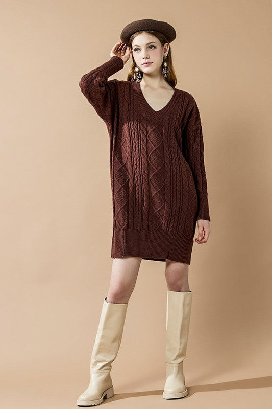 Plus V-Neck Ribbed Hem Cable Knit Sweater Dress