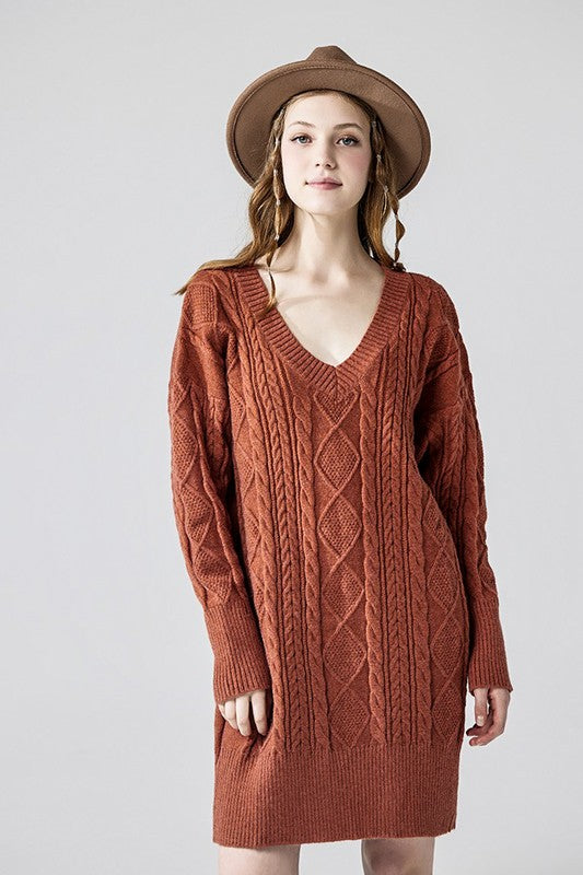 Plus V-Neck Ribbed Hem Cable Knit Sweater Dress