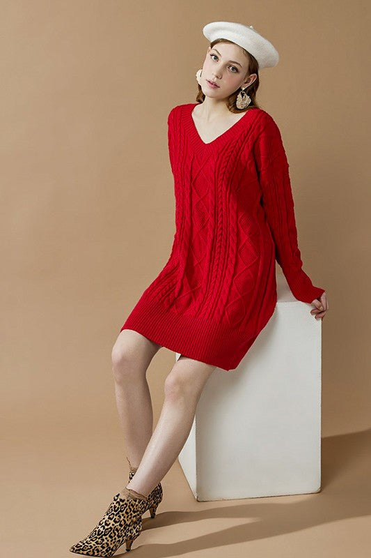 Plus V-Neck Ribbed Hem Cable Knit Sweater Dress