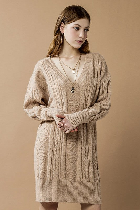 Plus V-Neck Ribbed Hem Cable Knit Sweater Dress