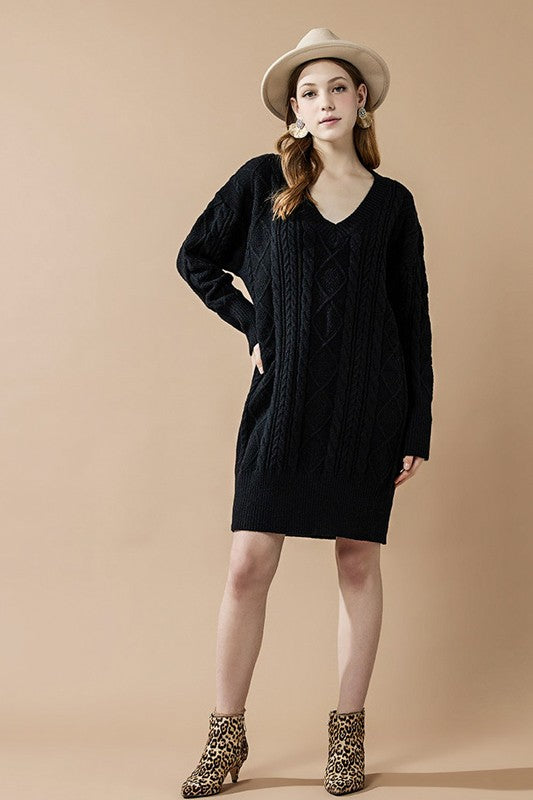 Plus V-Neck Ribbed Hem Cable Knit Sweater Dress