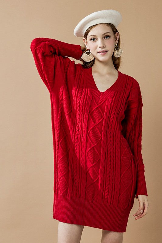 Plus V-Neck Ribbed Hem Cable Knit Sweater Dress