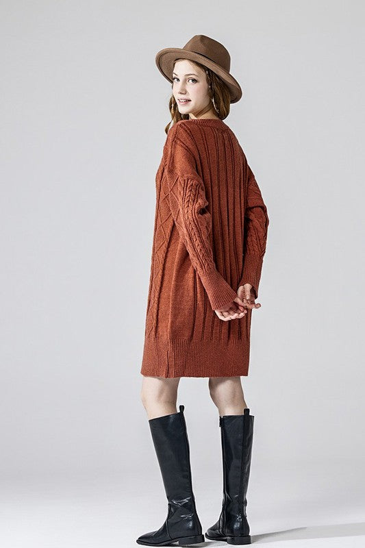 Plus V-Neck Ribbed Hem Cable Knit Sweater Dress