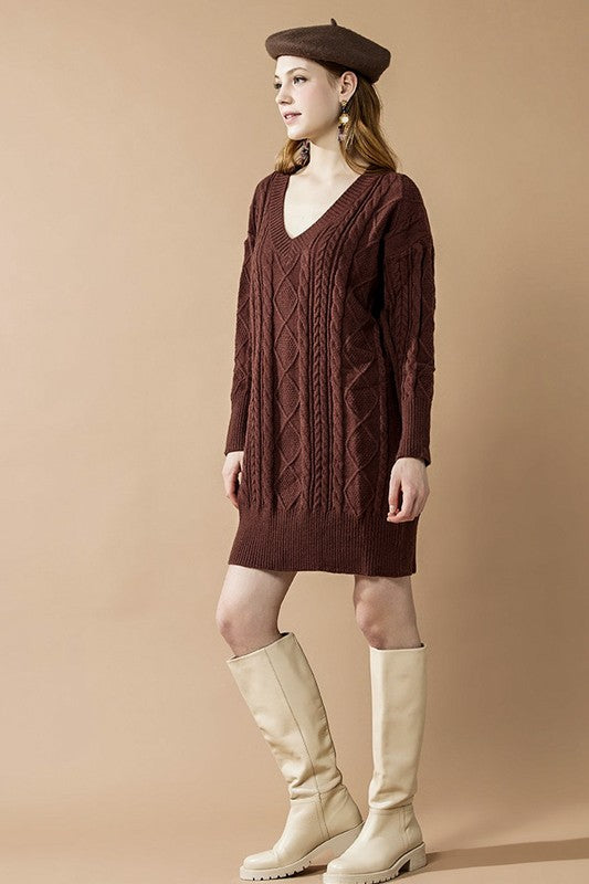Plus V-Neck Ribbed Hem Cable Knit Sweater Dress