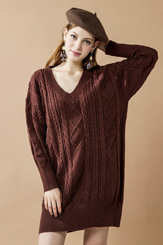 Plus V-Neck Ribbed Hem Cable Knit Sweater Dress