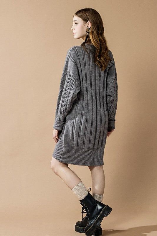 Plus V-Neck Ribbed Hem Cable Knit Sweater Dress