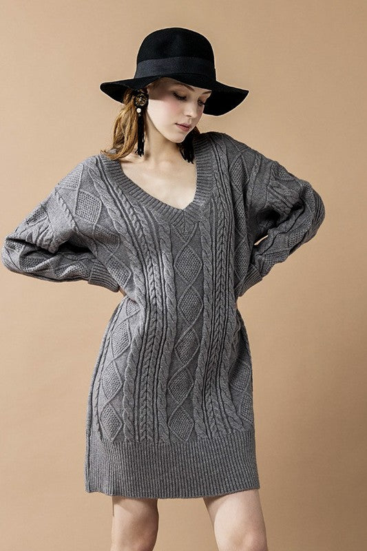 Plus V-Neck Ribbed Hem Cable Knit Sweater Dress
