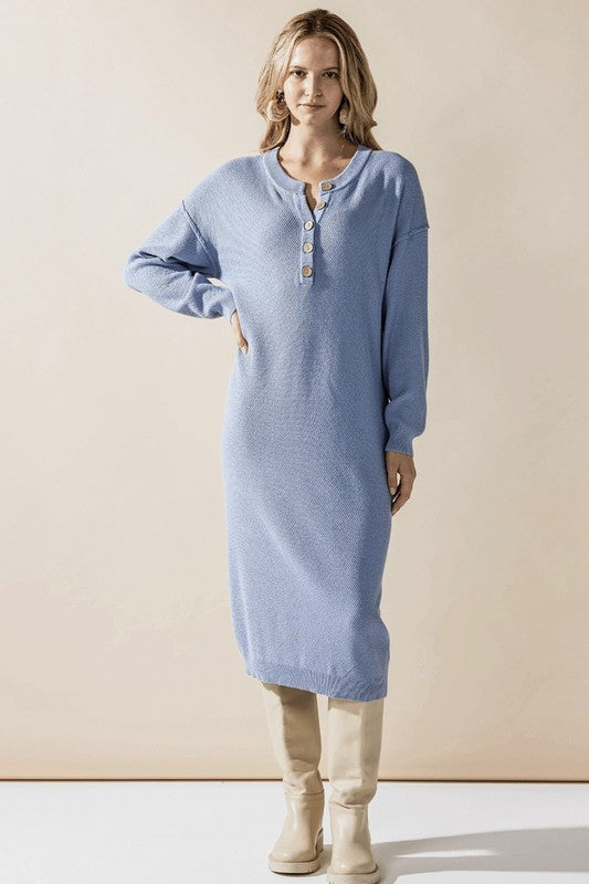 Comfy Button-front Soft Sweater Knit Midi Dress