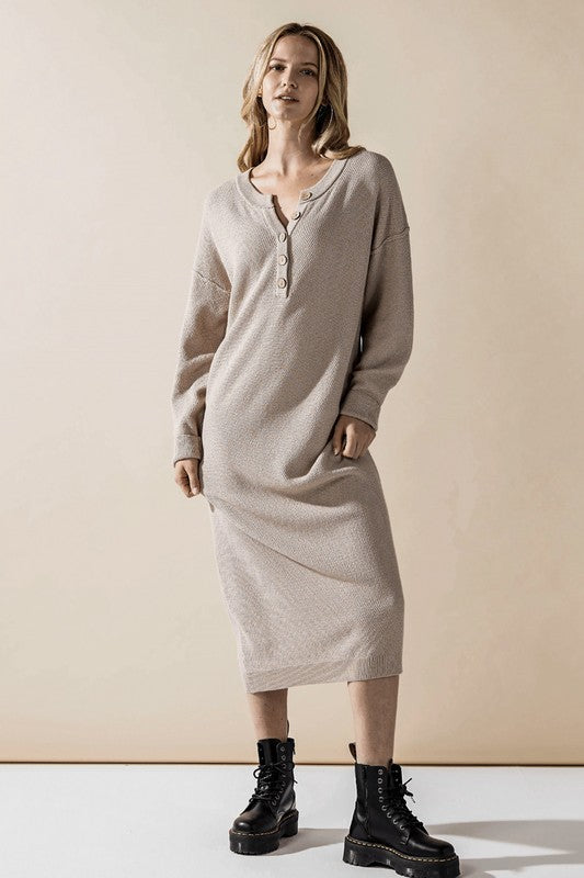 Comfy Button-front Soft Sweater Knit Midi Dress
