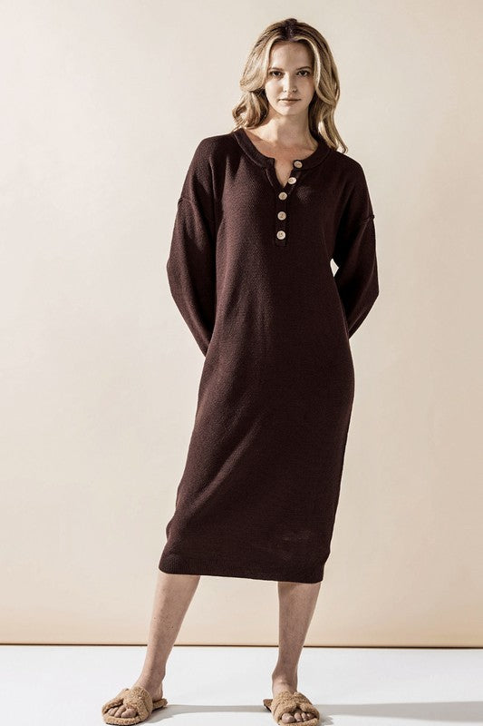 Comfy Button-front Soft Sweater Knit Midi Dress