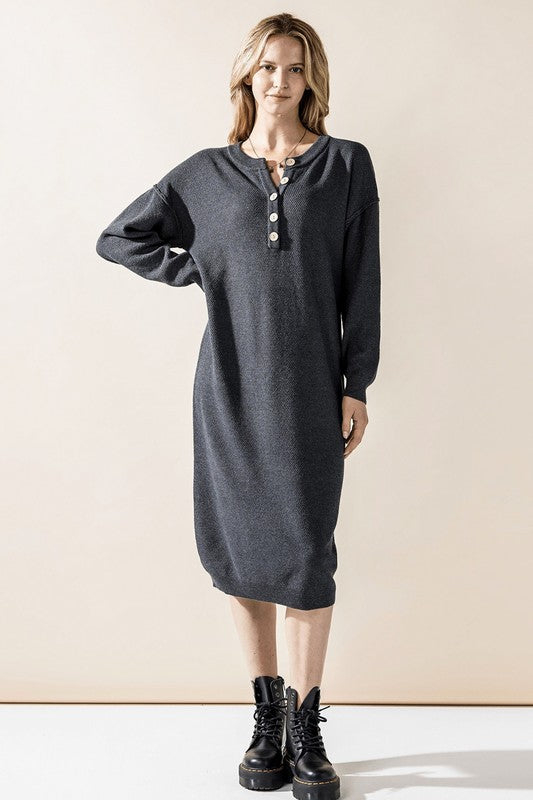 Comfy Button-front Soft Sweater Knit Midi Dress