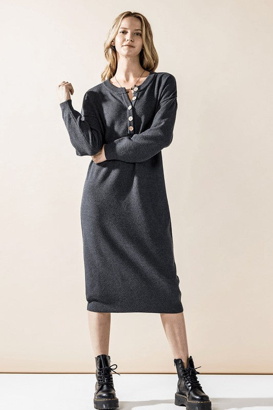 Comfy Button-front Soft Sweater Knit Midi Dress