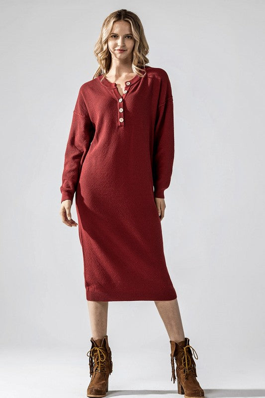 Comfy Button-front Soft Sweater Knit Midi Dress