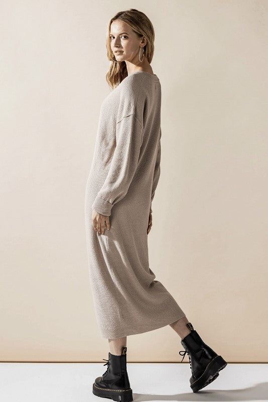 Comfy Button-front Soft Sweater Knit Midi Dress