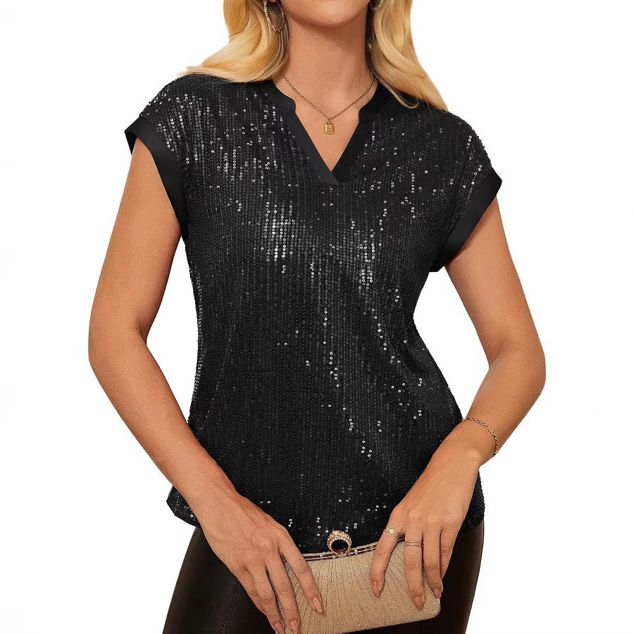 Womens Sequin V-Neck Short-Sleeve Party Top Shirt