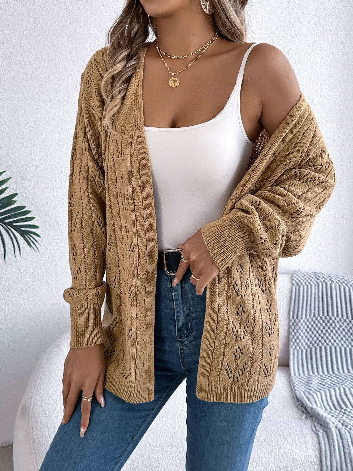 Openwork Open Front Long Sleeve Cardigan