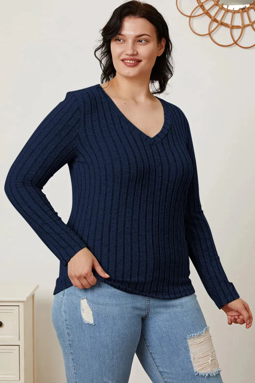 Basic Bae Full Size Ribbed V-Neck Long Sleeve T Shirt for Women