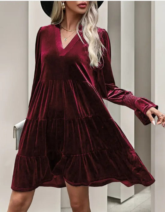Elegant Velvet Long Sleeve  Solid Color Dress