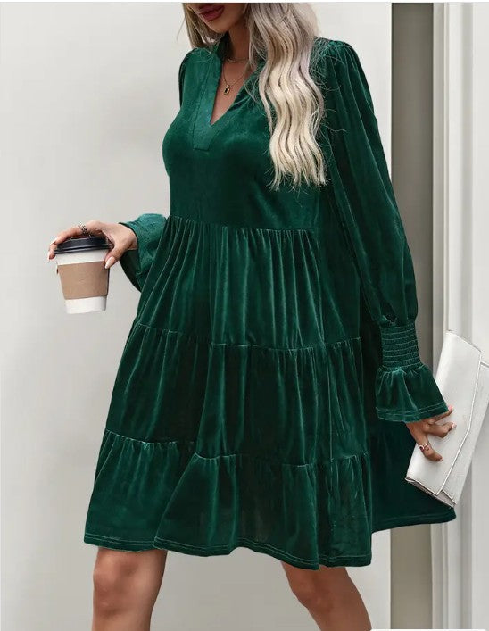 Elegant Velvet Long Sleeve  Solid Color Dress